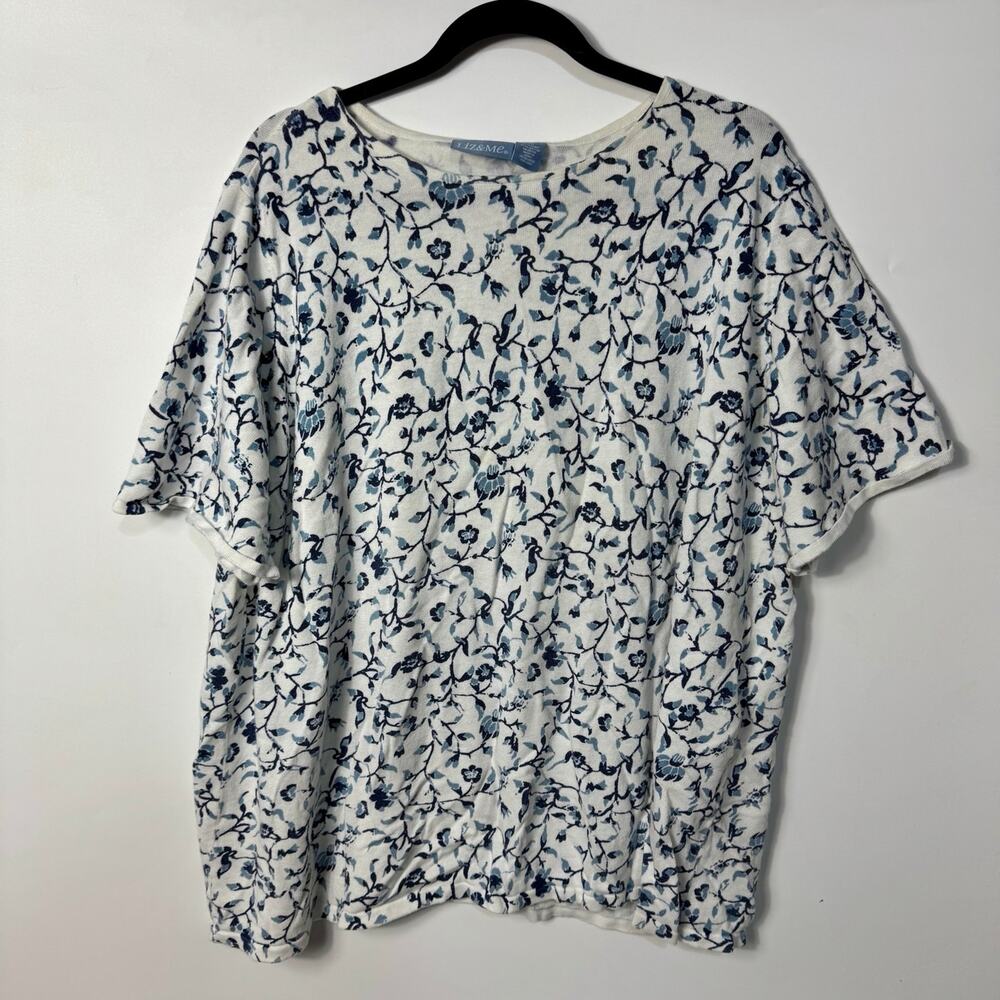 Liz & Me Women's 4X Floral Top Half Sleeves White Blue
